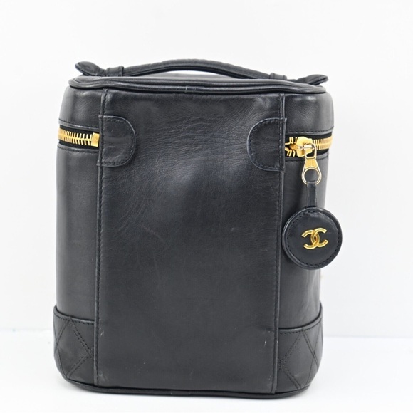 AUTH CHANEL CC Logos Bicolore Vanity Hand Bag Leather Black Italy P1300R - Picture 1 of 5